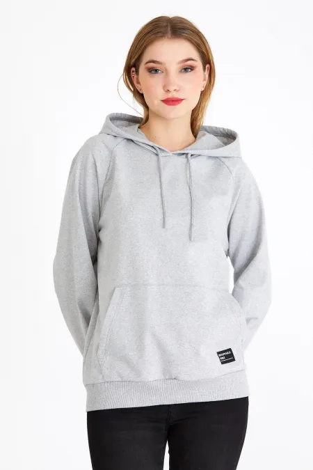 Women's Gray Color Hooded Basic Knitted Sweatshirt