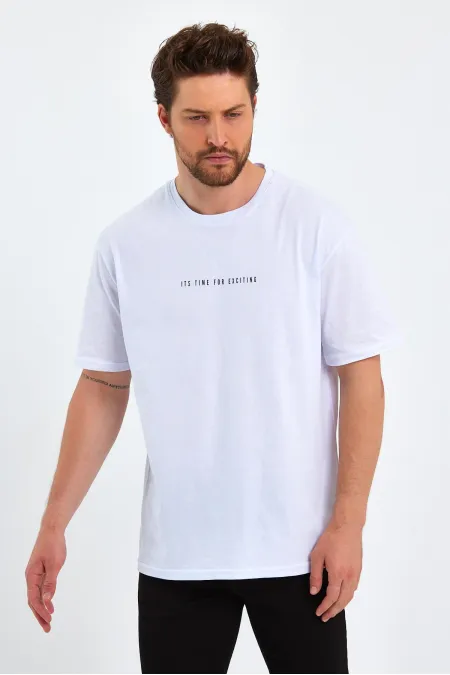 Erkek Beyaz Baskılı Basic Oversize Bisiklet Yaka Kısa Kollu T-shirt