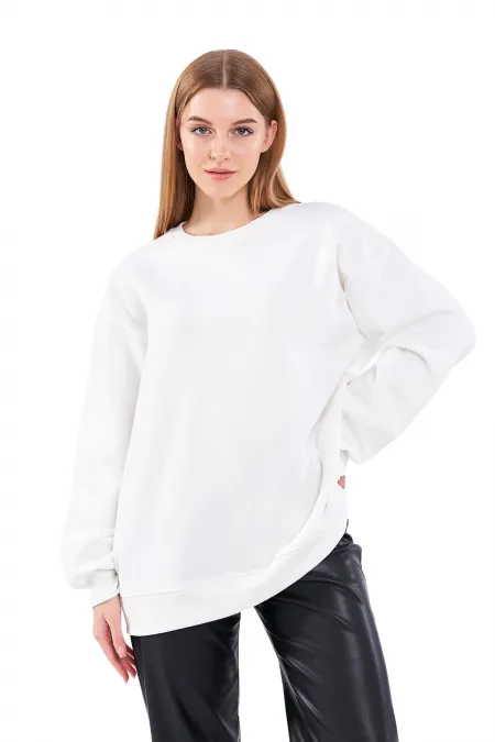 Ekru Kadın Pamuklu Oversize Basic Bisiklet Yaka Sweatshirt