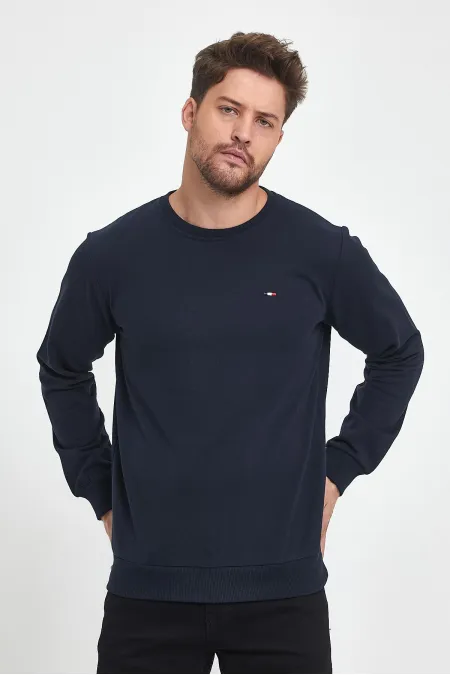 Sweat-shirt bleu marine pour homme, col rond, broderies détaillées, coupe classique