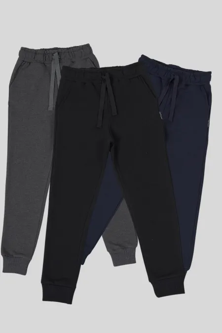 Lot de 3 bas de survêtement pour garçon en coton épais, noir, marine et anthracite, avec taille élastique et poches sur les jambes