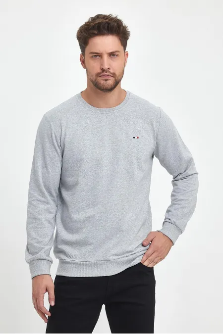 Sweat-shirt gris pour homme, col rond, broderies détaillées, coupe classique