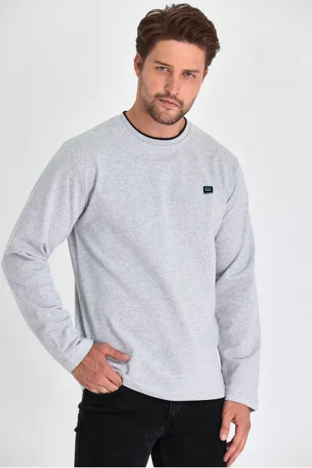 Sweat-shirt gris pour homme à col rond double avec détail imprimé, coupe décontractée standard