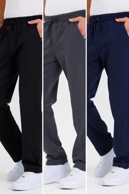 Siyah-Antrasit-Lacivert Arka Cepli Etiket Detaylı Düz Paça Erkek Içi Pamuklu 3lü Eşofman Altı Paketi