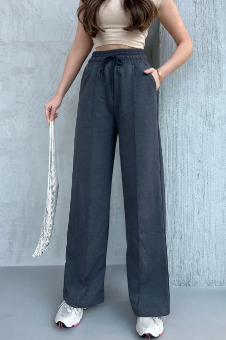 Kadın Mevsimlik Salaş Geniş Paça Yüksek Bel Antrasit Eşofman Altı