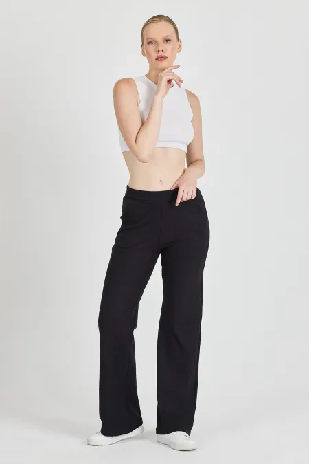 Siyah Fitilli Geniş Paça Kaşkorse Yüksek Bel Cepli Kadın Eşofman Altı