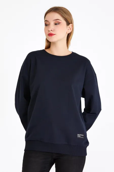 Women's Navy Blue Color Basic Crew Neck Sweatshirt