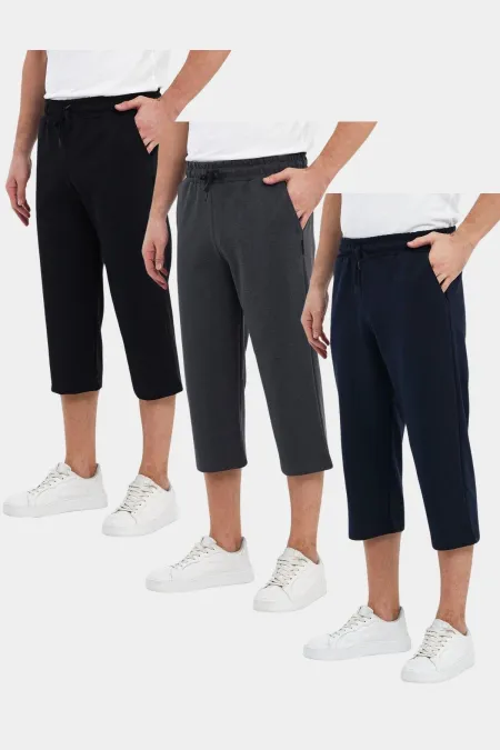 Erkek 3'Lü Yanları Cepli Bermuda Diz Altı Kapri Beli Ayarlanabilir Lastikli Uzun Şort