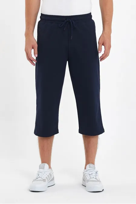 Erkek Cepleri Fermuarlı Lacivert Bermuda Diz Altı Kapri Beli Ayarlanabilir Lastikli Uzun Şort 