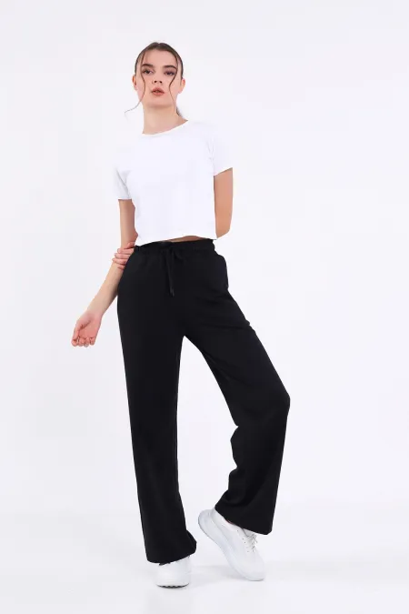 Kadın Mevsimlik Salaş Geniş Rahat Paça Yan Cepli Siyah Eşofman Altı