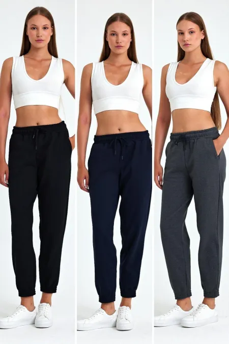 Kadın Siyah-Lacivert-Antrasit Pamuklu Kalın Paçası Lastikli Yüksek Bel Rahat Jogger 3'lü Eşofman Altı