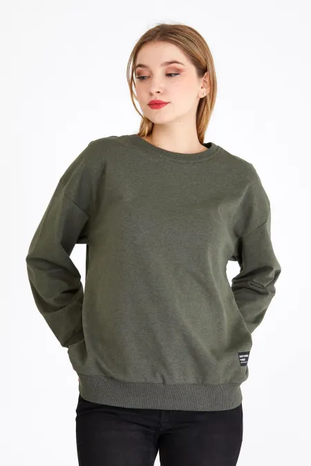 Women's Khaki Color Basic Crew Neck Sweatshirt