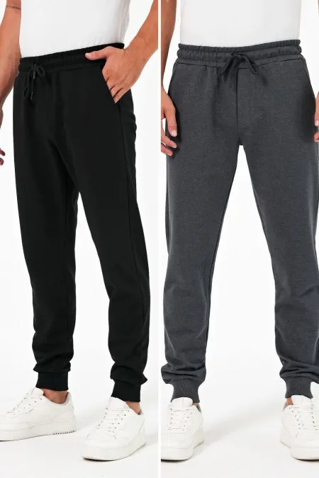 Kalın Siyah-Antrasit Erkek 2'li Eşofman Altı Jogger Arka Cepli Paça Lastikli Regular Fit Şardonsuz