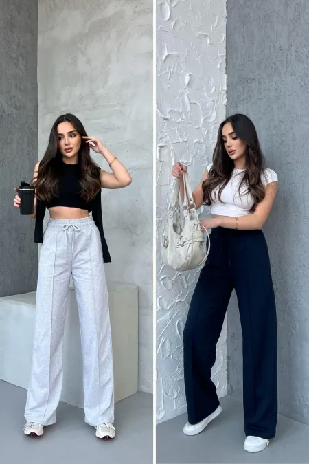 Siyah-Antrasit Kadın Mevsimlik Salaş Geniş Paça Yüksek Bel 2'li Eşofman Altı