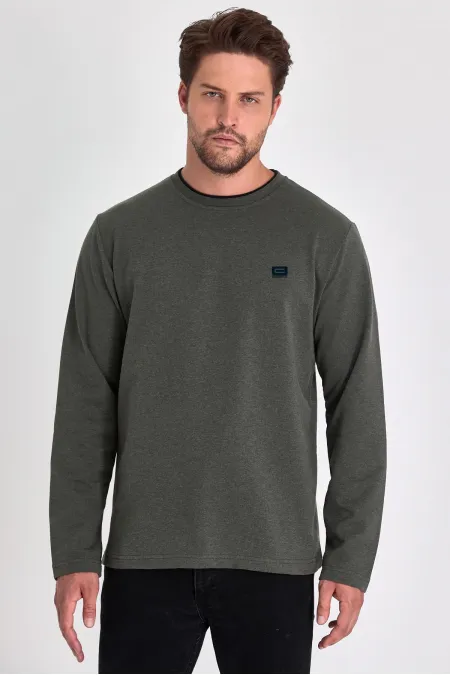 Men's Khaki Double Crew Neck Sweatshirt with Print Detail and Standard Relaxed Fit