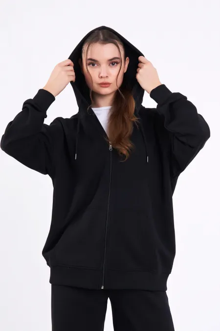 Black Kangaroo Pocket Hooded Zippered Oversize Women's Sweatshirt MTLCB73