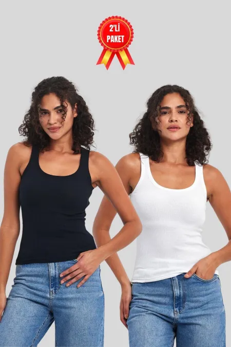 Kadın Siyah-Beyaz Fitilli Görünümlü Askılı Kalın 2'li Basic Atlet