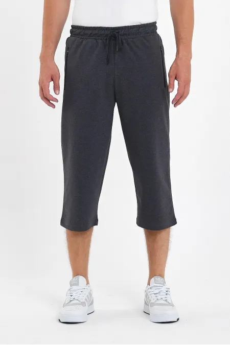 Erkek Cepleri Fermuarlı Antrasit Bermuda Diz Altı Kapri Beli Ayarlanabilir Lastikli Uzun Şort 