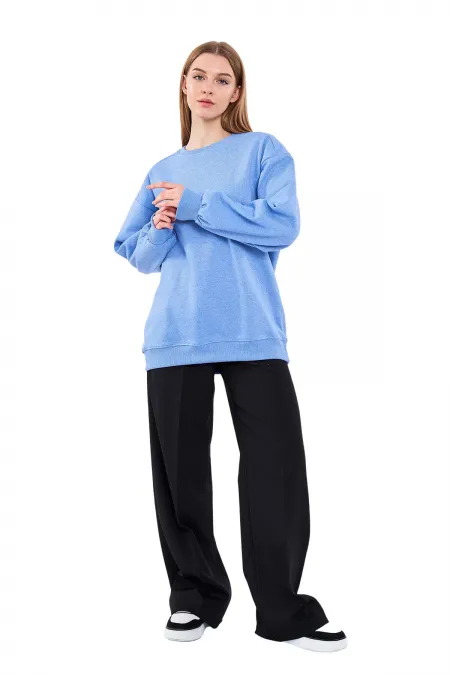 Mavi Kadın Pamuklu Oversize Basic Bisiklet Yaka Sweatshirt