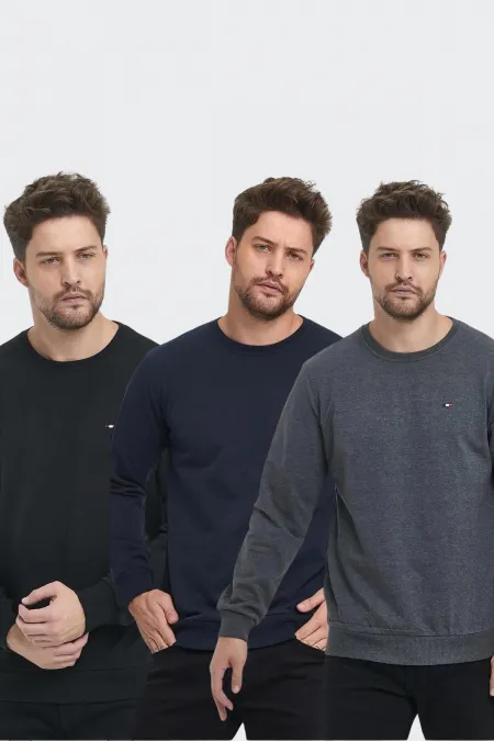 Sweat-shirt 3 pièces pour homme, col rond, broderies détaillées, coupe classique, noir-bleu marine-anthracite, MMTLCE70-3