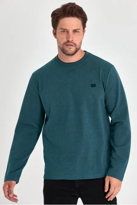 Sweat-shirt à col rond double Petroleum pour homme, coupe décontractée standard, avec imprimé et détails contrastés.