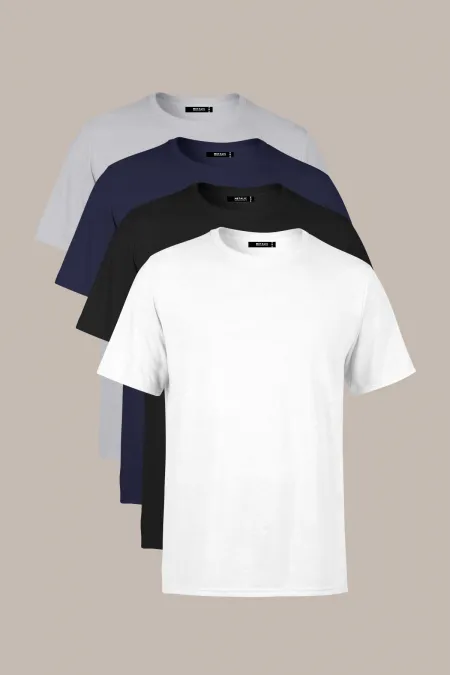 Erkek Çok Renkli T- Shirt Regular Fit Rahat Kesim Bisiklet Yaka 4'lü Basic Tişört Paketi MTLCO35-4