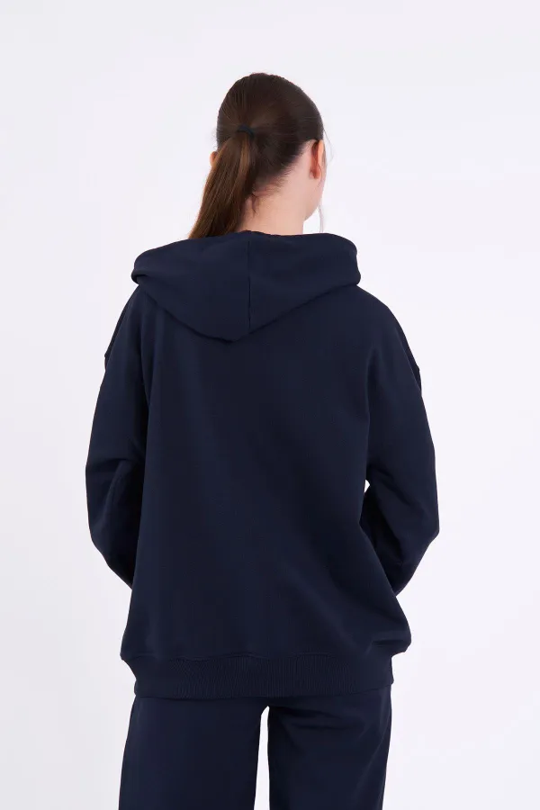 Lacivert Kanguru Cepli Kapüşonlu Fermuarlı Oversize Kadın Sweatshirt