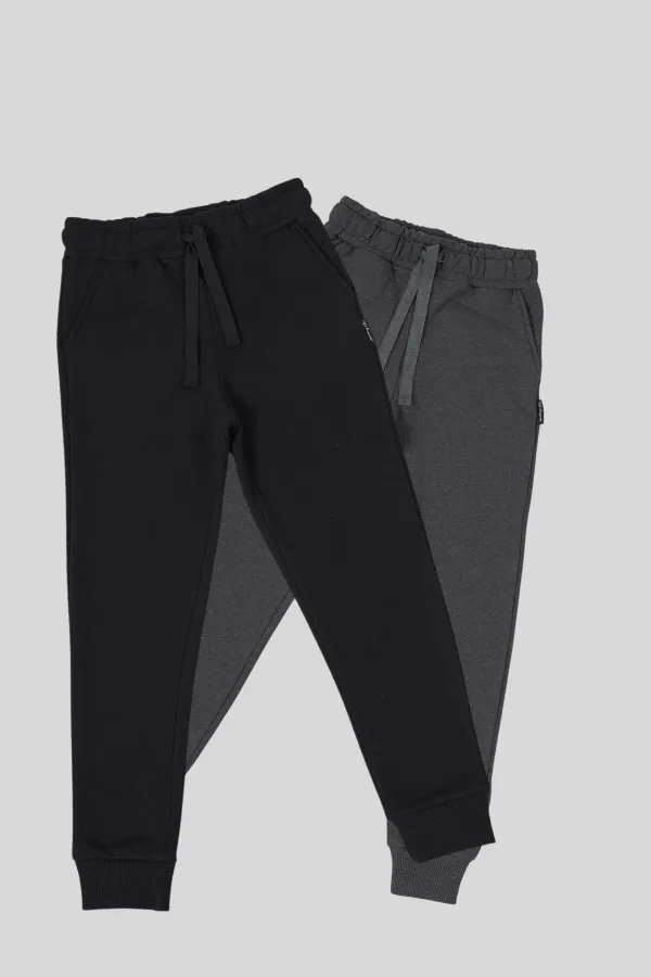 Lot de 2 bas de survêtement garçon en coton épais noir et anthracite, avec taille et jambes élastiques et poches