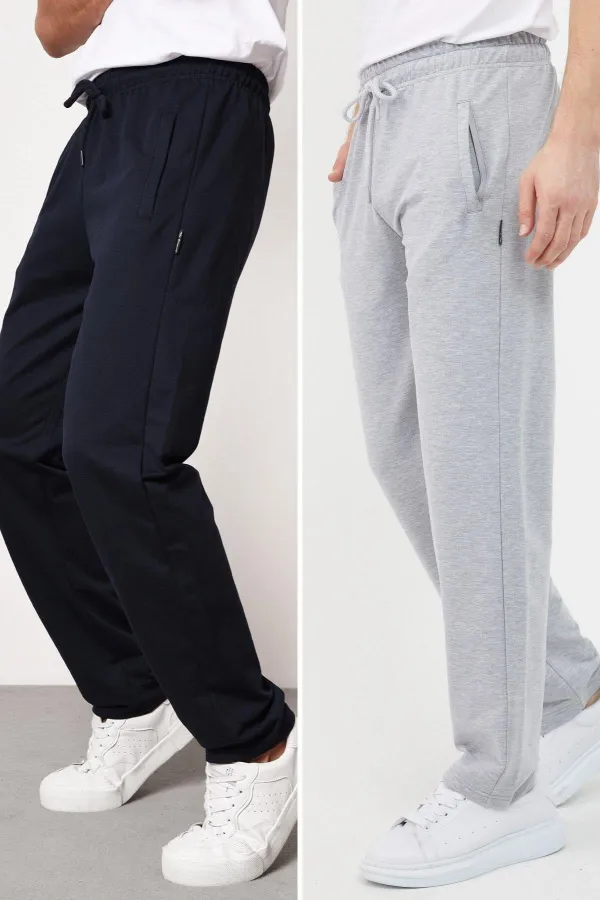 Erkek Siyah-Antrasit Düz Paça Cep Fermuar Detaylı Rahat Kesim 2'li Eşofman Altı Paketi