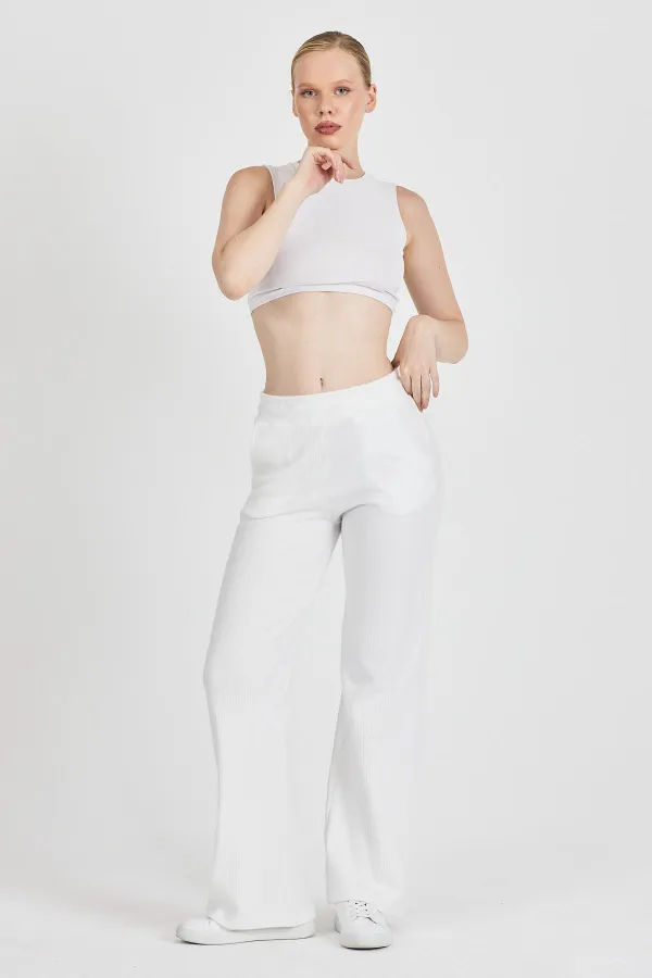 Off-white ribbed wide-leg corset high-waisted women's sweatpants with pockets