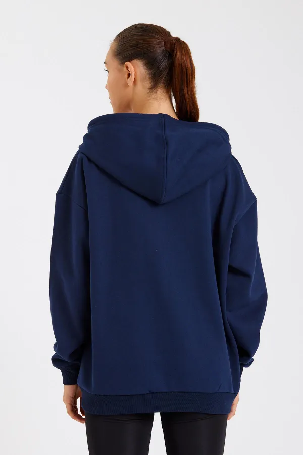 Kadın Kanguru Cepli Kapüşonlu Fermuarlı İçi Polarlı Hırka