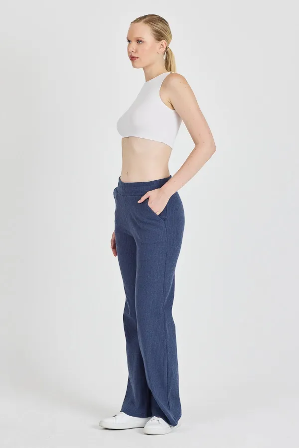 Pantalon de survêtement indigo côtelé à jambes larges et taille haute avec poches pour femme