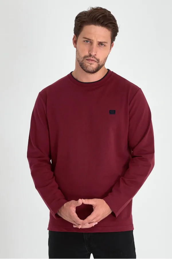 Erkek Bordo Çift Bisiklet Yaka Baskı Detaylı Standart Rahat Kesim Sweatshirt
