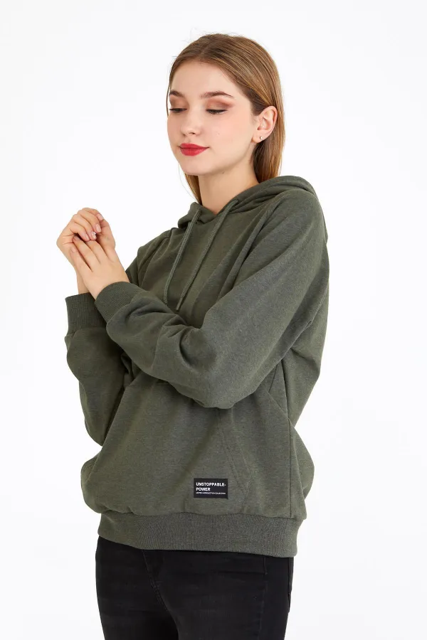 Women's Khaki Color Hooded Basic Knitted Sweatshirt
