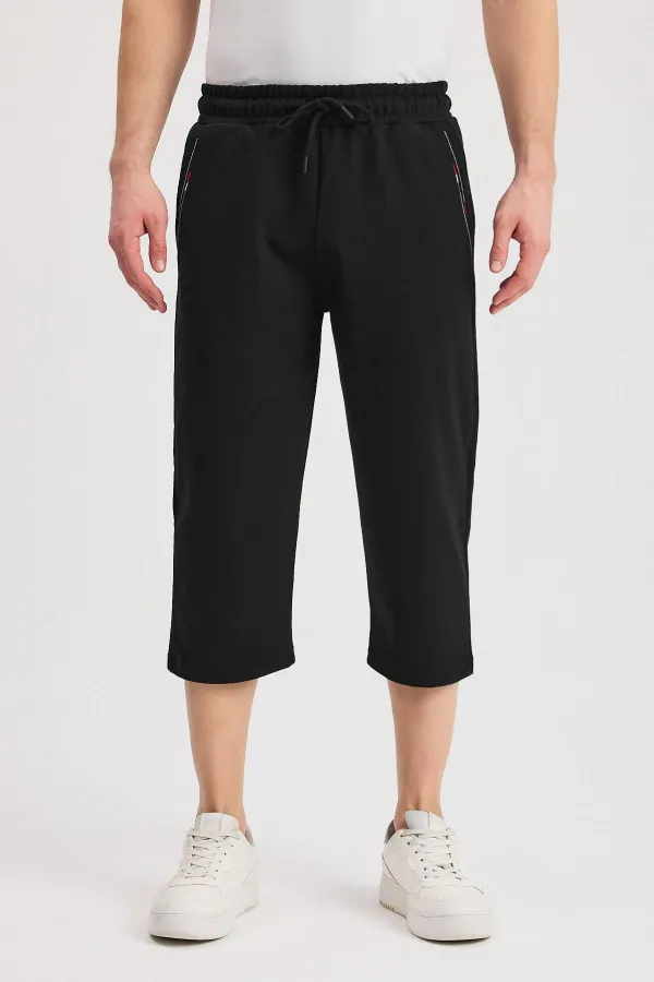 Short bermuda noir pour homme, longueur genou, style capri, avec poches latérales et taille élastique ajustable MTLCE108