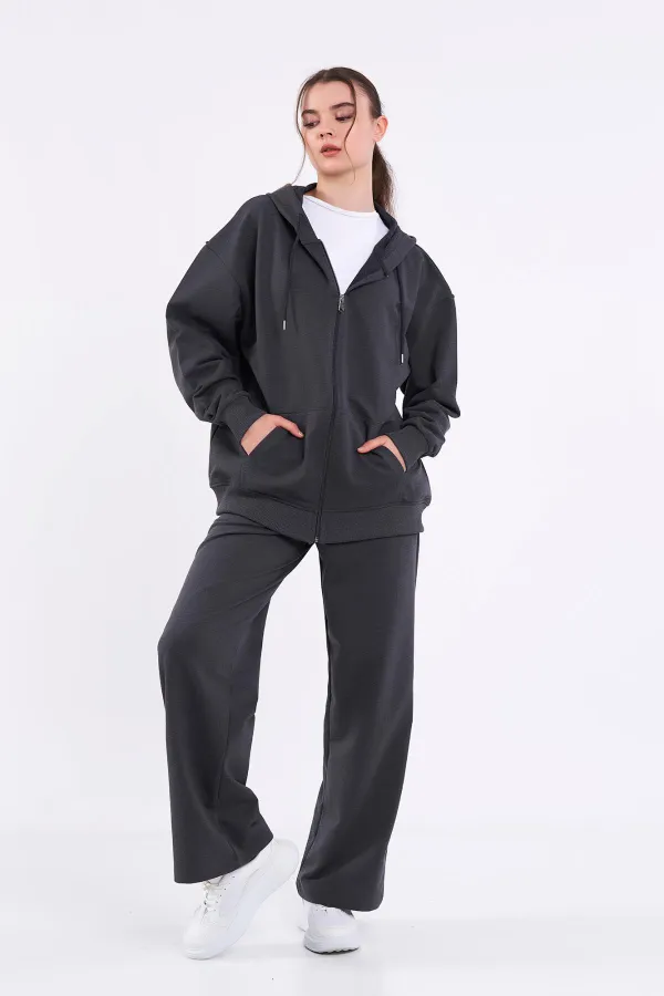 Ensemble de survêtement oversize à capuche pour femme, coupe classique anthracite, taille élastique, style saisonnier (haut et bas)