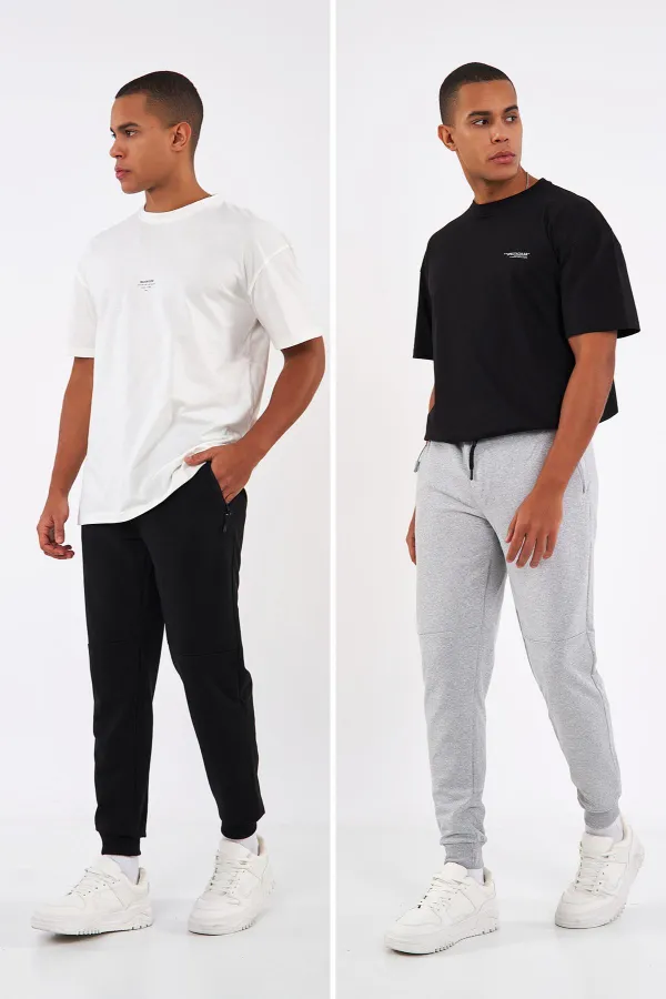 Sİyah-Gri Erkek Paçası Lastikli 2'li Eşofman Altı