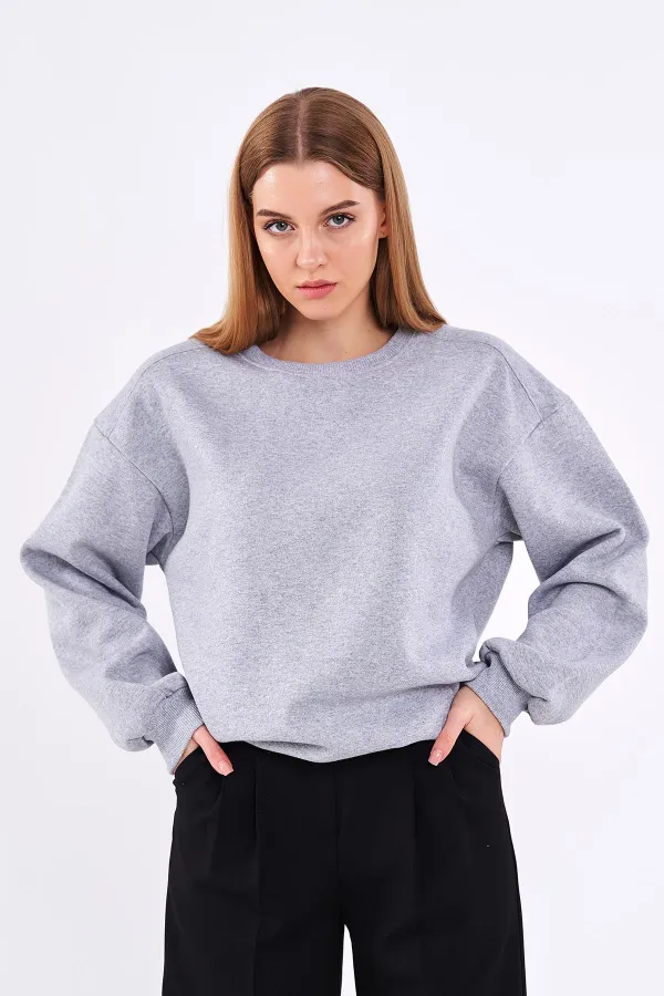 Sweat-shirt basique oversize en coton gris pour femme, col rond.