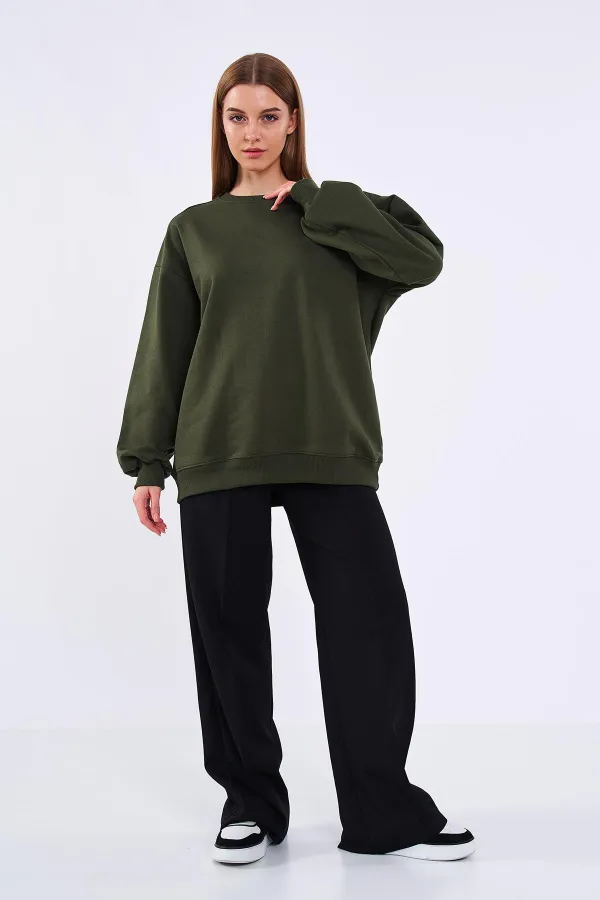 Sweat-shirt basique oversize en coton kaki pour femme, col rond.