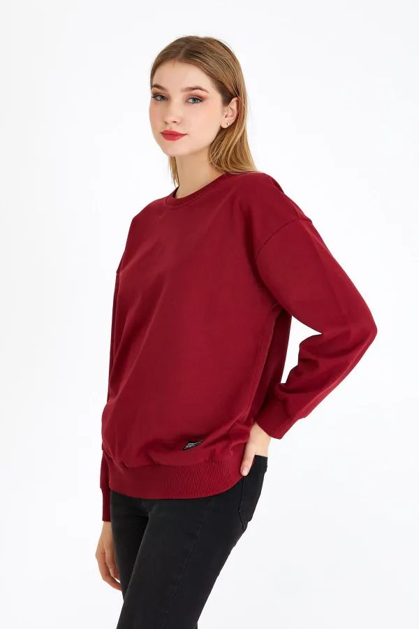 Women's Burgundy Color Basic Crew Neck Sweatshirt