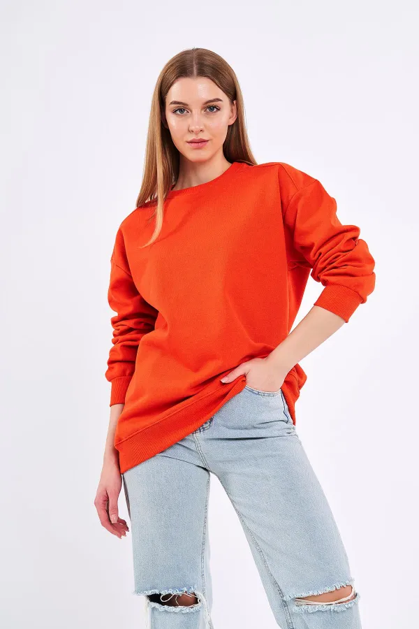 Sweat-shirt basique oversize en coton orange pour femme, col rond.