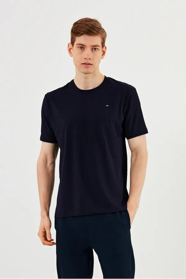 T-shirt homme à col rond, 100 % coton, détails brodés, bleu marine basique MTLCE89