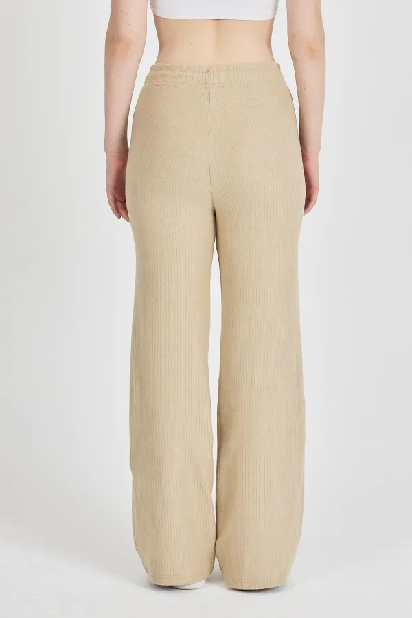 Bej Fitilli Geniş Paça Kaşkorse Yüksek Bel Cepli Kadın Eşofman Altı