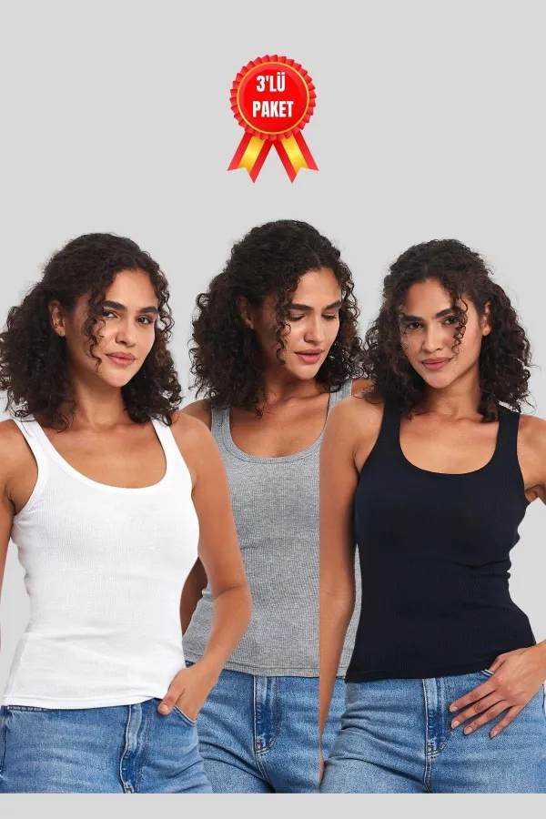 Kadın Siyah-Beyaz-Gri Fitilli Görünümlü Askılı Kalın 3'lü Basic Atlet