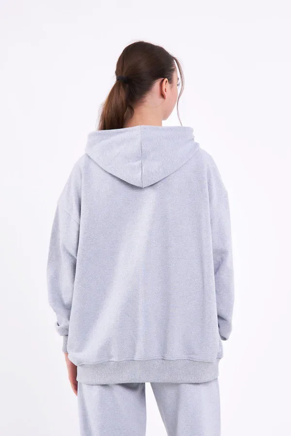 Gri Kanguru Cepli Kapüşonlu Fermuarlı Oversize Kadın Sweatshirt