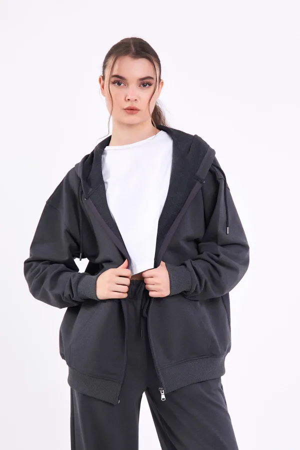 Ensemble de survêtement oversize à capuche pour femme, coupe classique anthracite, taille élastique, style saisonnier (haut et bas)