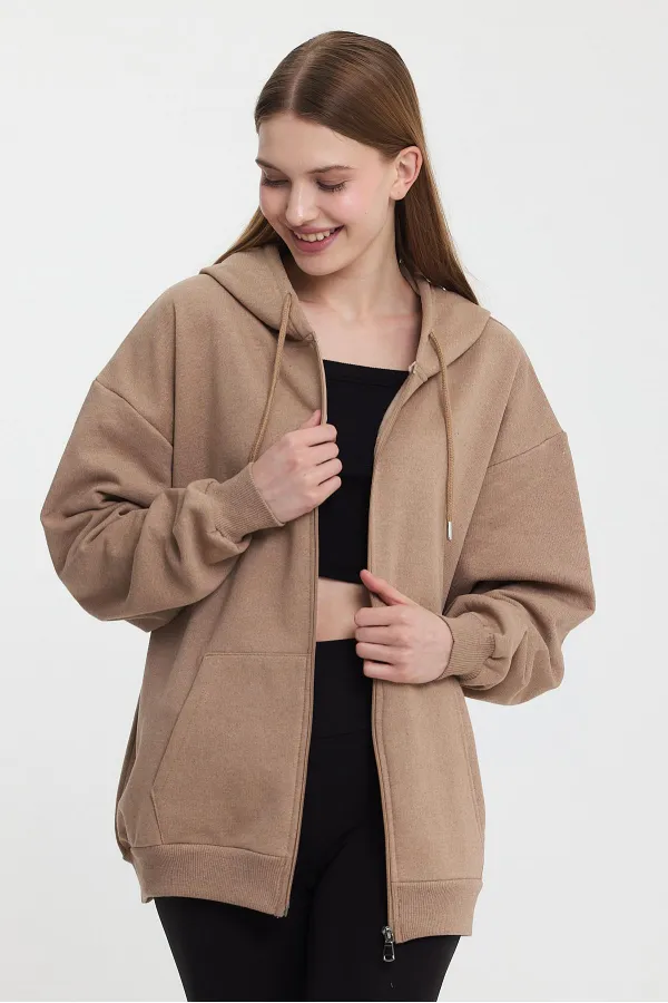 Kadın Kanguru Cepli Kapüşonlu Fermuarlı İçi Polarlı Hırka