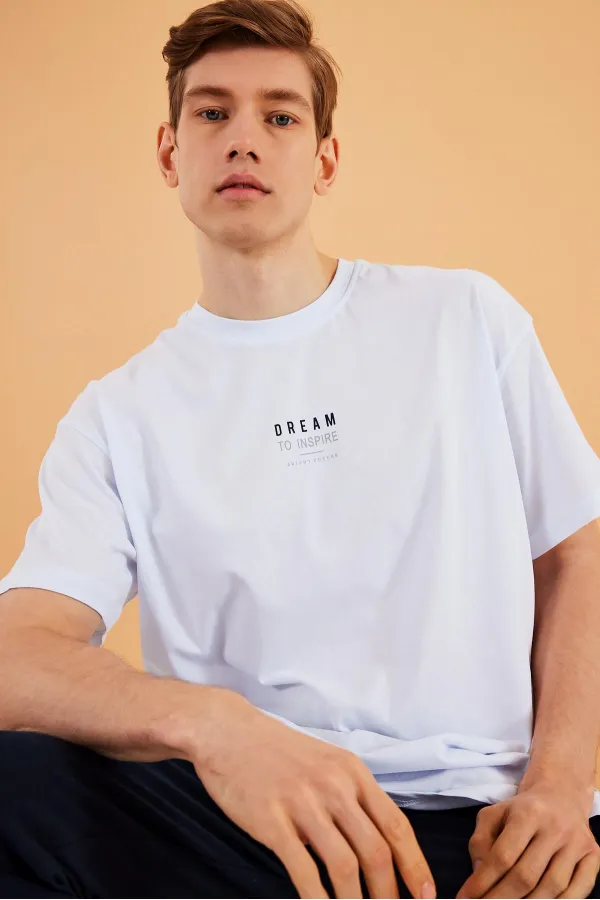 Leo Erkek Oversize Tshirt %100 Pamuk Bisiklet Yaka Baskı Detaylı Basic Tişört MTLCE79