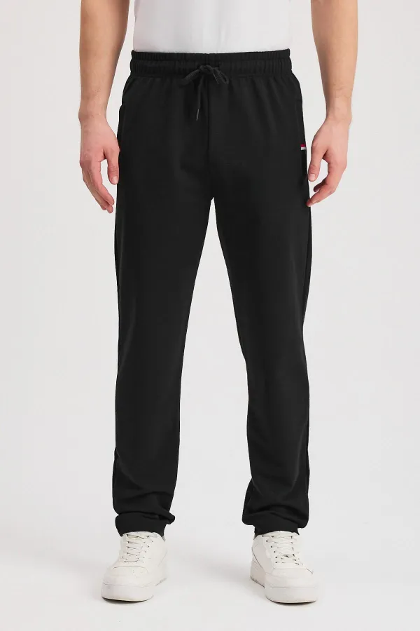 Black Men's Zip-Up Pocket Sweatpants with Embroidered Detail, Straight Leg, Relaxed Fit, Casual Style