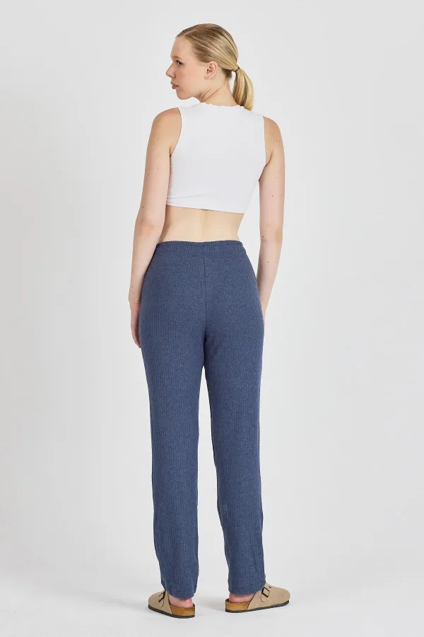 Pantalon de survêtement femme en coton côtelé indigo, jambes larges, coupe slim, taille haute